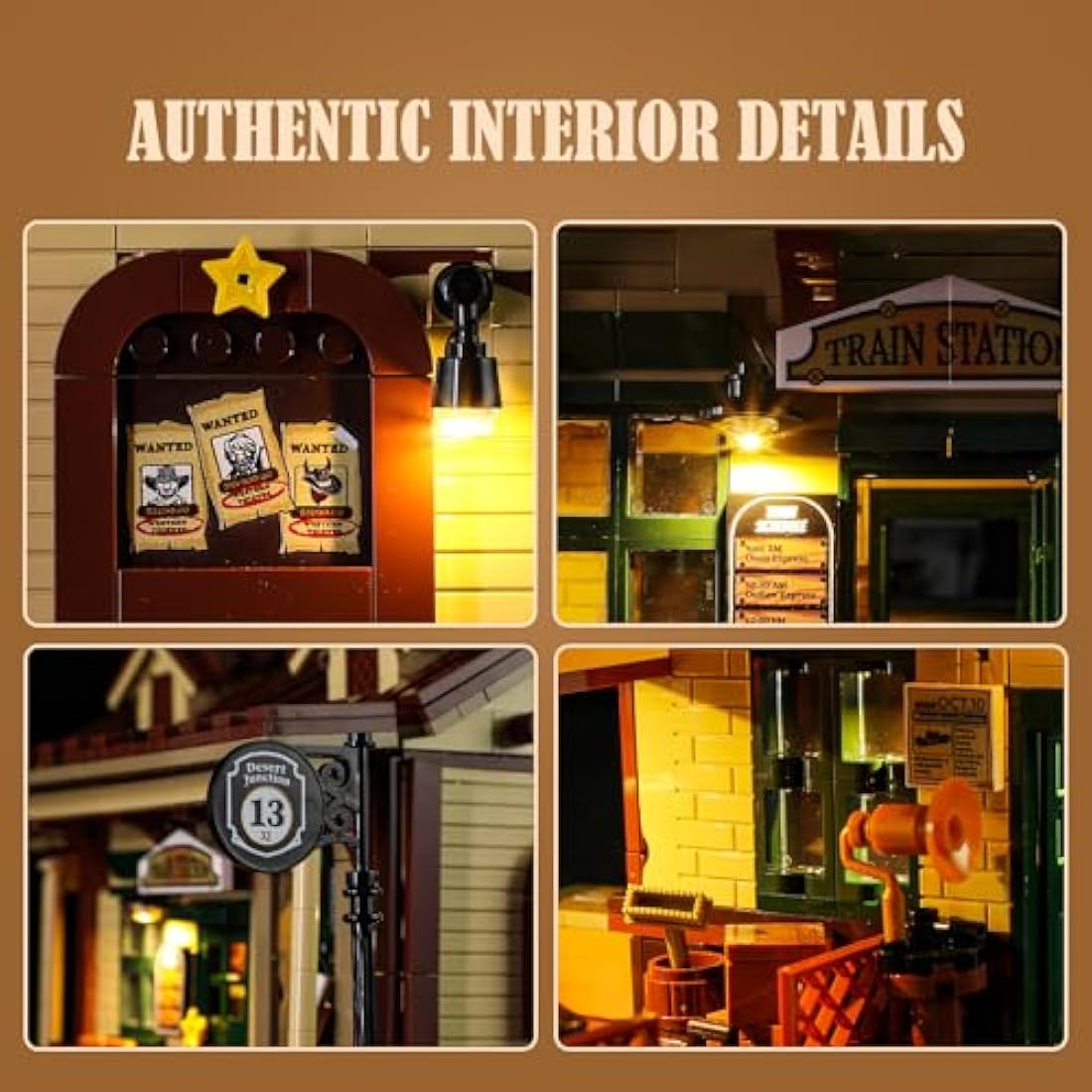 FUNWHOLE Western Train Station Building Set with LED Lights, 1974 PCS Old West Brick Model with 5 Mini Figures, Modular Railroad Station Toy for Adults and Teens, Compatible with Western Series