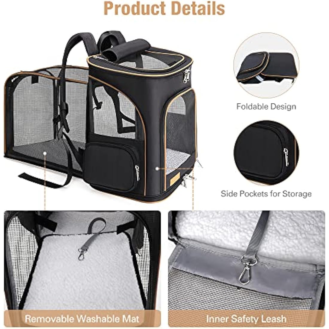 Lekesky Expandable Cat Carrier Backpack - Portable Breathable Rucksack for Medium and Small Cats & Dogs, Foldable with Inner Escape-proof Leash and Pet Mat, Supports 20 lbs (Black)