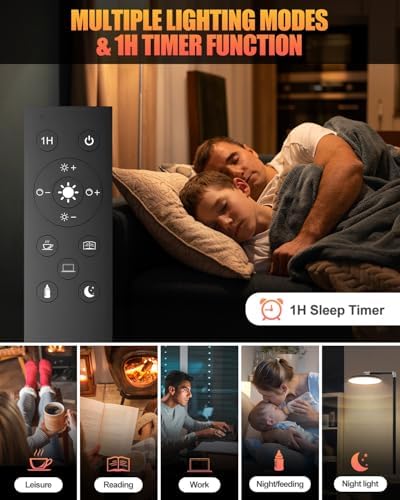 KALAHOL LED Uplighter Floor Lamp, Remote Touch Control & 1 Timer, Dimmable 112LEDs 5 Colour Temperatures 9 Brightness Levels 360° Rotatable Reading Standing Lamp for Living Room Study Office (Black)