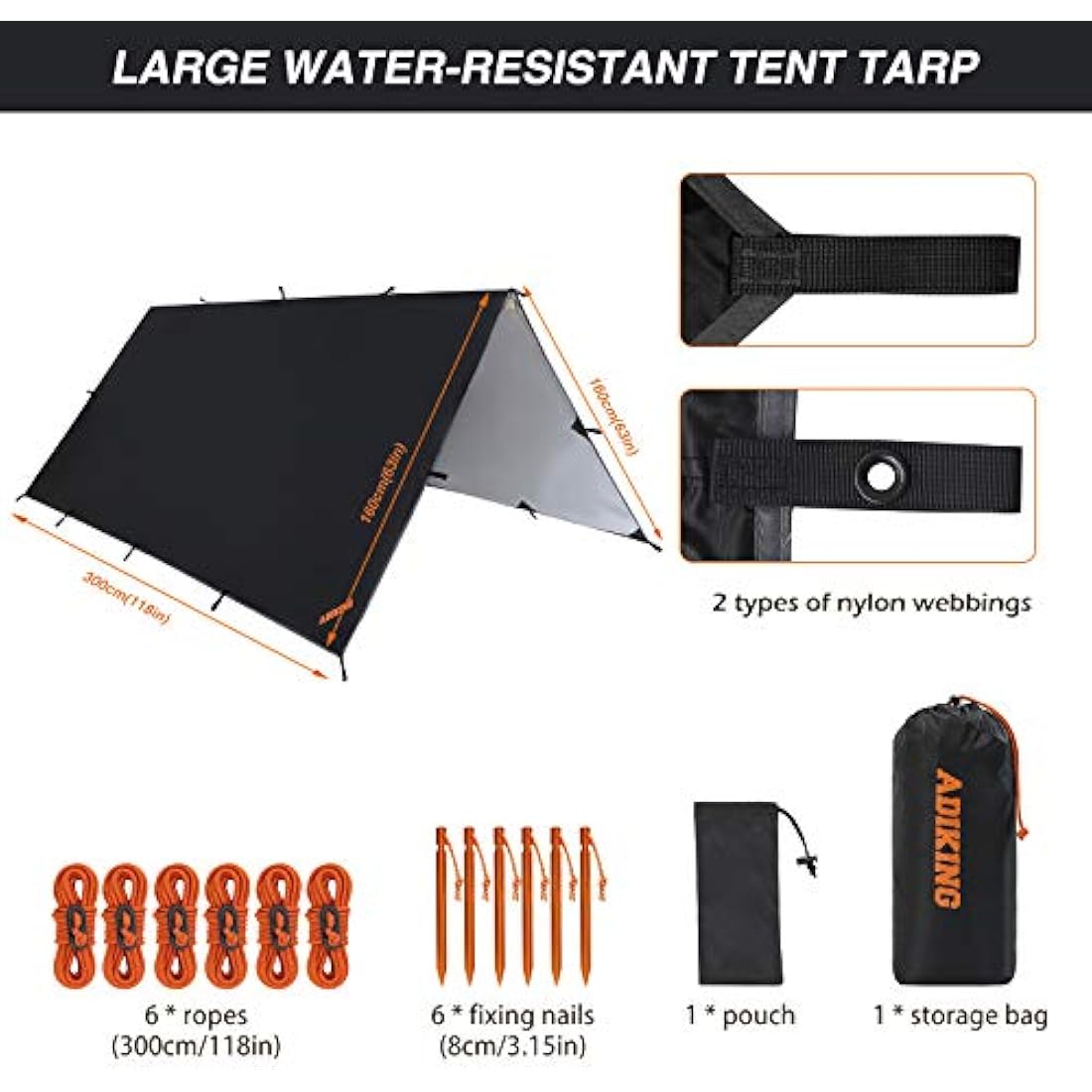 ADIKING Camping Tarp 126 x 118in Waterproof Portable Hammock Tent Tarps Lightweight Anti-UV Rain Shelter For Camping Hiking Outdoor Activities (Black)