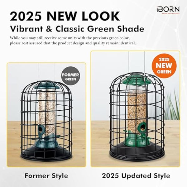 iBorn Squirrel Proof Bird Feeder with Squirrel, Pestoff Hanging Wild Bird Seed Feeder for Mix Seed Blends, Sunflower Heart, Birdbath, Heavy Duty All Metal Anti-UV Finishing, Green 8 Inch