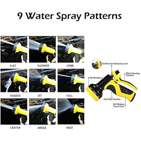 HmiL-U Garden Hose 50ft 15m Strongest Double Latex Inner Tube Prevent Leaking Magic Hosepipe with 9 Function Spray Gun+Solid Brass Fittings (Retracted Length 17ft)【2 YEARS 100% Guaranteed】(50ft)