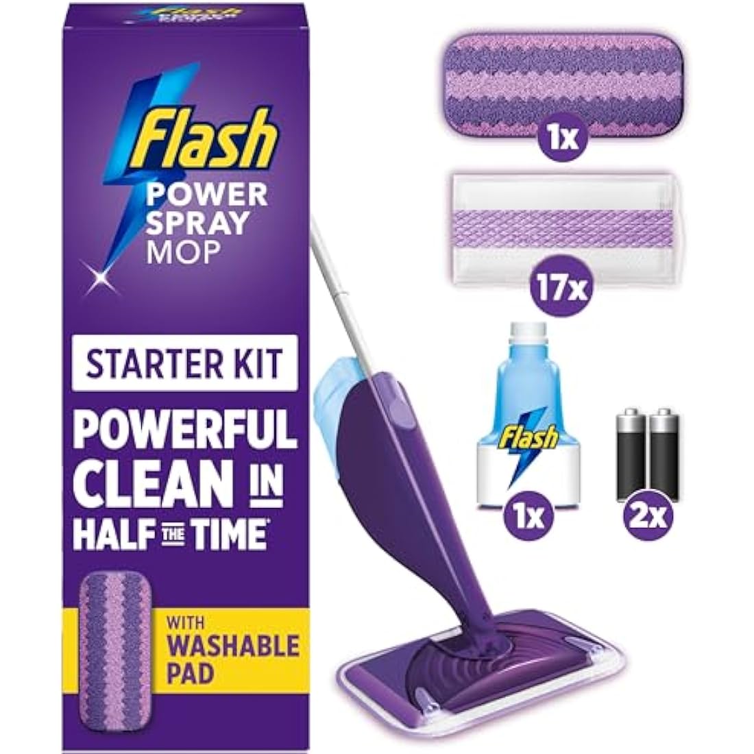 Flash Power Spray Mop Floor Cleaner Starter Kit (1 Washable + 17 Disposable Pads), All-In-One System For Your Floors