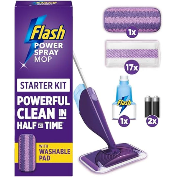 Flash Power Spray Mop Floor Cleaner Starter Kit (1 Washable + 17 Disposable Pads), All-In-One System For Your Floors