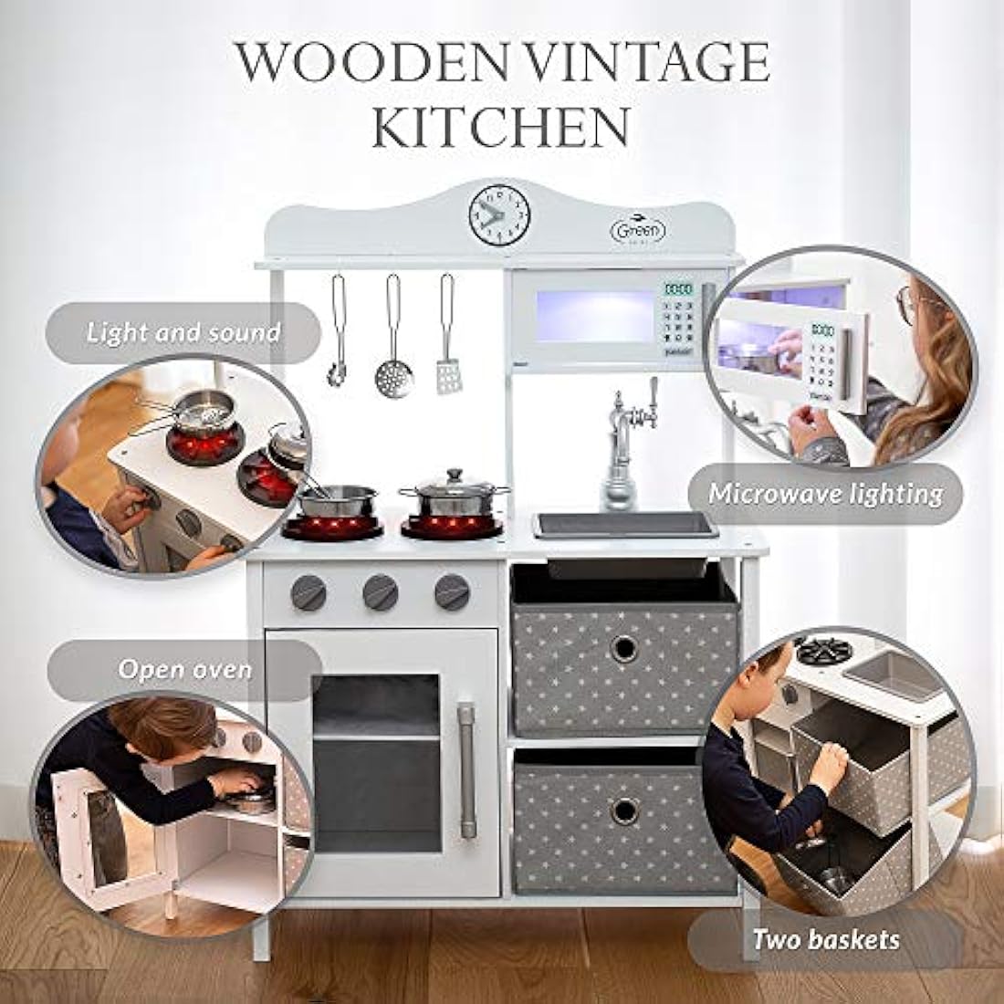 Green Series Kinderplay Children's Kitchen – Children's Wooden Kitchen | Children's Kitchen 2 Years | Kitchen for Children 3 Years | Children's Kitchen 5 Years | Children's Kitchen Height 87 cm,