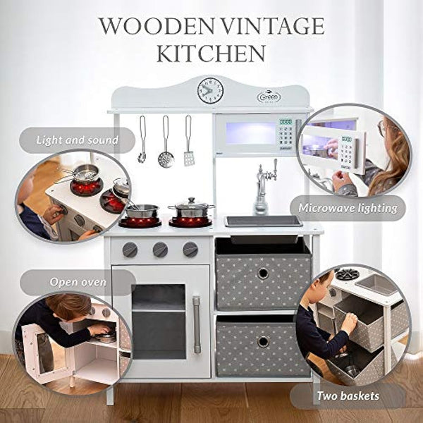 Green Series Kinderplay Children's Kitchen – Children's Wooden Kitchen | Children's Kitchen 2 Years | Kitchen for Children 3 Years | Children's Kitchen 5 Years | Children's Kitchen Height 87 cm,