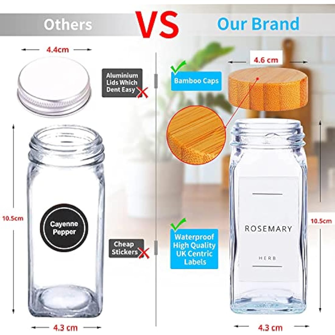 Fix Space 24PCS Bamboo Glass Spice Jars With Lids And Labels - Square Glass Jars With Bamboo Lids - Waterproof Labels Stickers For Herbs, Spices & Seasoning - Kitchen Storage & Organisation