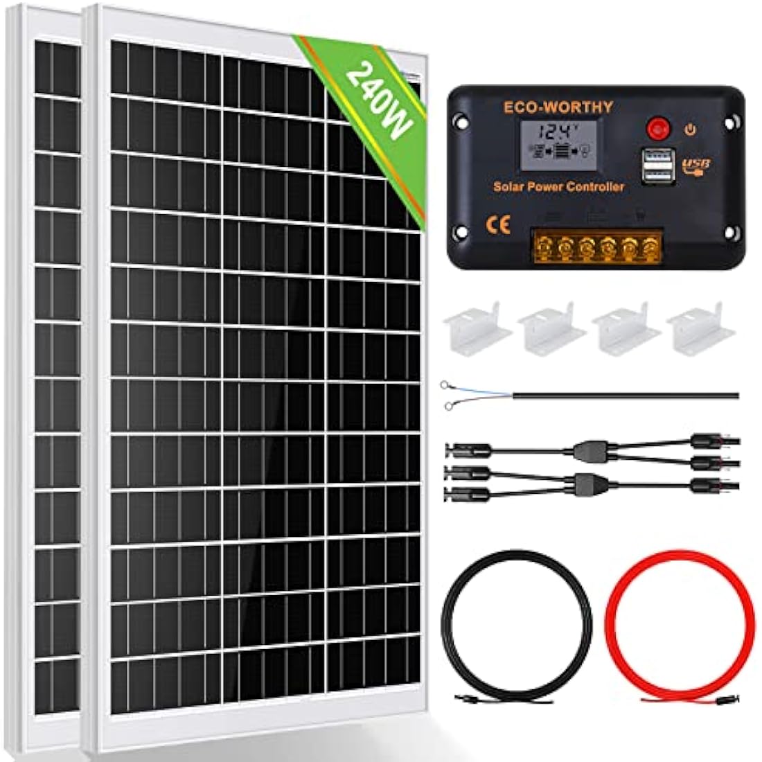 ECO-WORTHY Solar Panel Kit 240W 12V System Power 1kWh/Day Off-Grid for RV Car Boat Camping Shed:2pcs 120W Mono Solar Panel + 30A PWM Solar Charge Controller + Z Brackets+ Solar Extension Cables