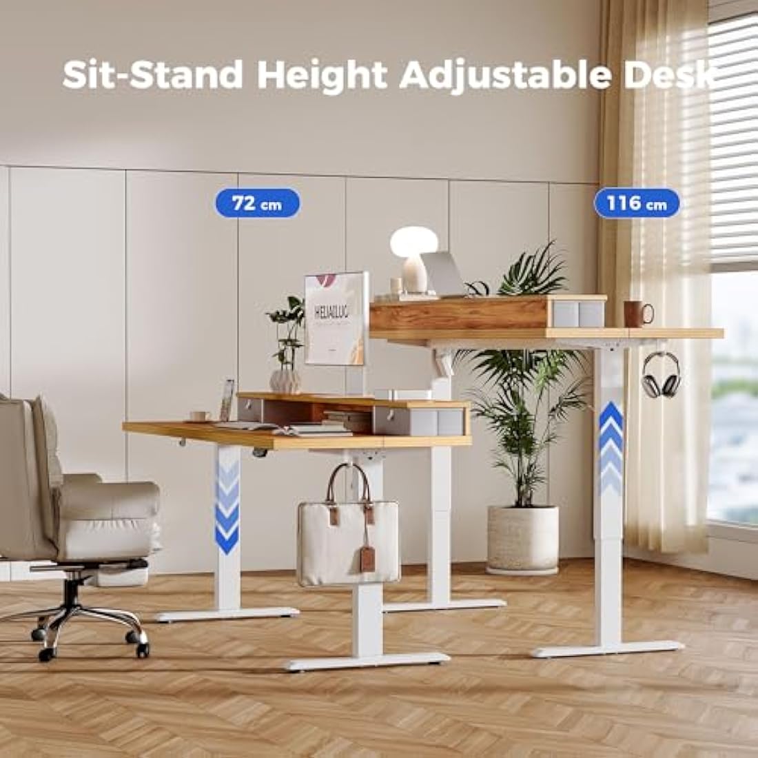 Agilestic Adjustable Height Desk with 2 Drawers, 140 x 60 cm, Stable Electric Sit-Stand Desk, Ergonomic Computer Desk, Light Brown