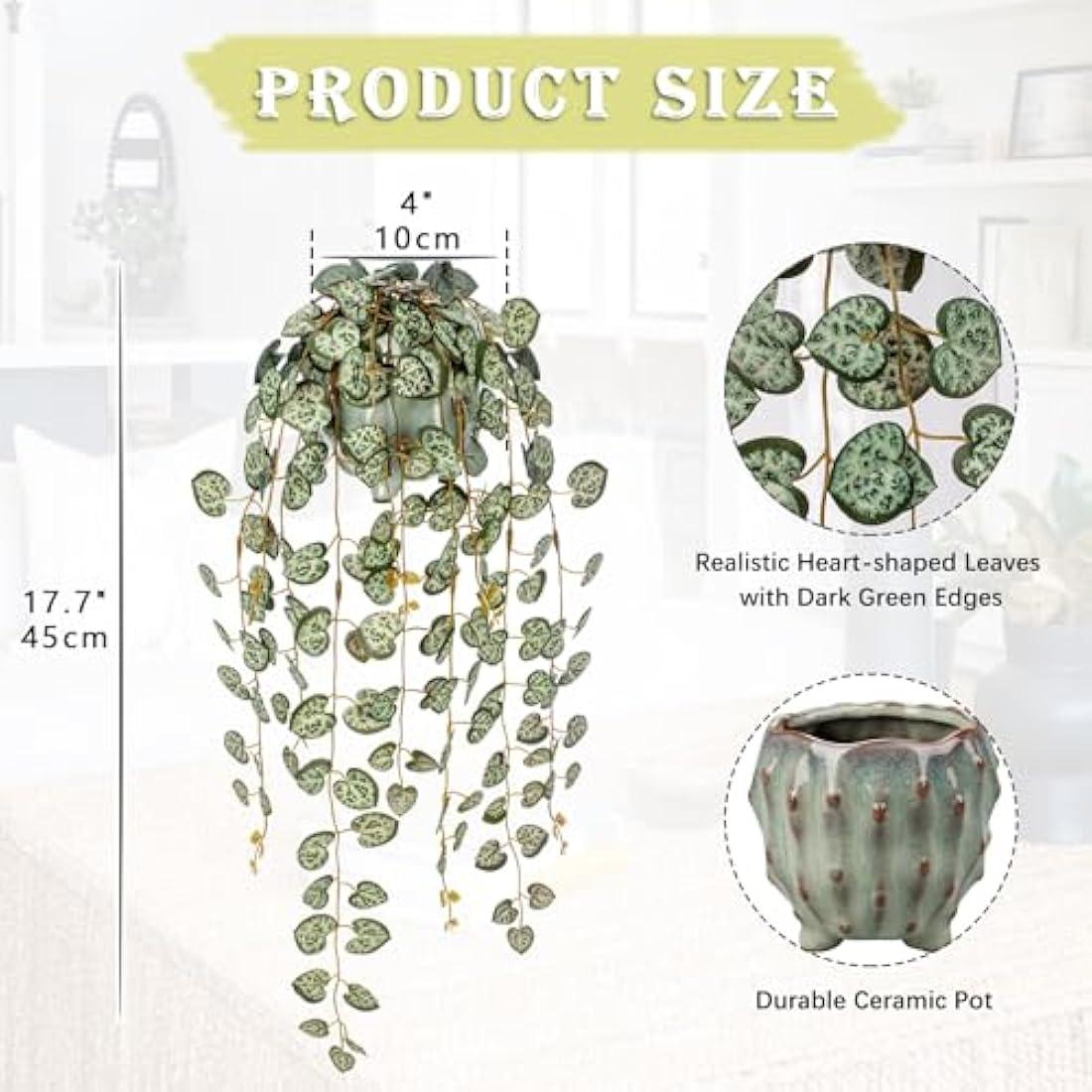 Hollyone Trailing Artificial Plants - Decorative Fake Potted String of Hearts for Indoors Outdoors, Faux Trailing Greenery for Home, Wall, Living Room, Bedroom, Office Decor