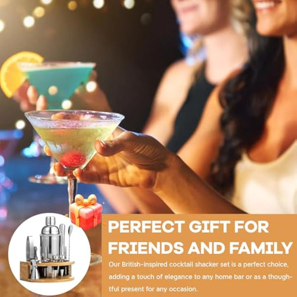 12-Piece Bartender Cocktail Shaker Set, 750 ml Stainless Steel Boston Cocktail Shaker, Perfect Cocktail Set with Wooden Stand for Home, Bar & Party Gift