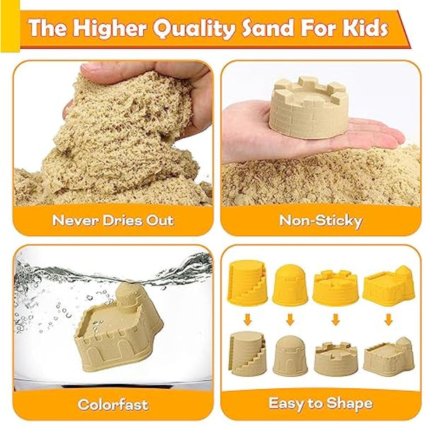 FRUSE Play Construction Sand Kit,Sand Box Toys Set with Play Sand,4 Take Apart Construction Trucks,4 Castle Molds,Sandbox with Lid,Sensory Toys for Kids Boys Girls Age 3-8