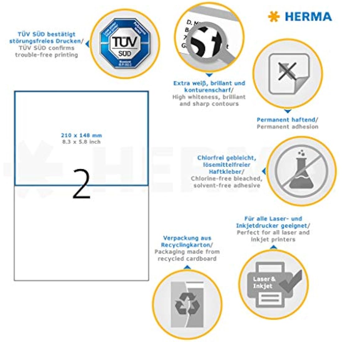 HERMA Self Adhesive Shipping Labels, 2 Labels per A4 Sheet, 200 Sheets, 210 x 148 mm, 400 Labels, Blank Parcel Labels Stickers, Sticky Labels for Laser & Inkjet Printer, White