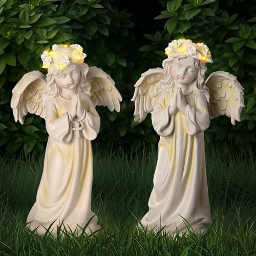 Kssiaz 2pcs Angel Garden Statue, Warm Light Solar Garden Decor,Waterproof Outdoor Garden Decor Praying Angel Figurine Sculpture for Mom or Birthdays,