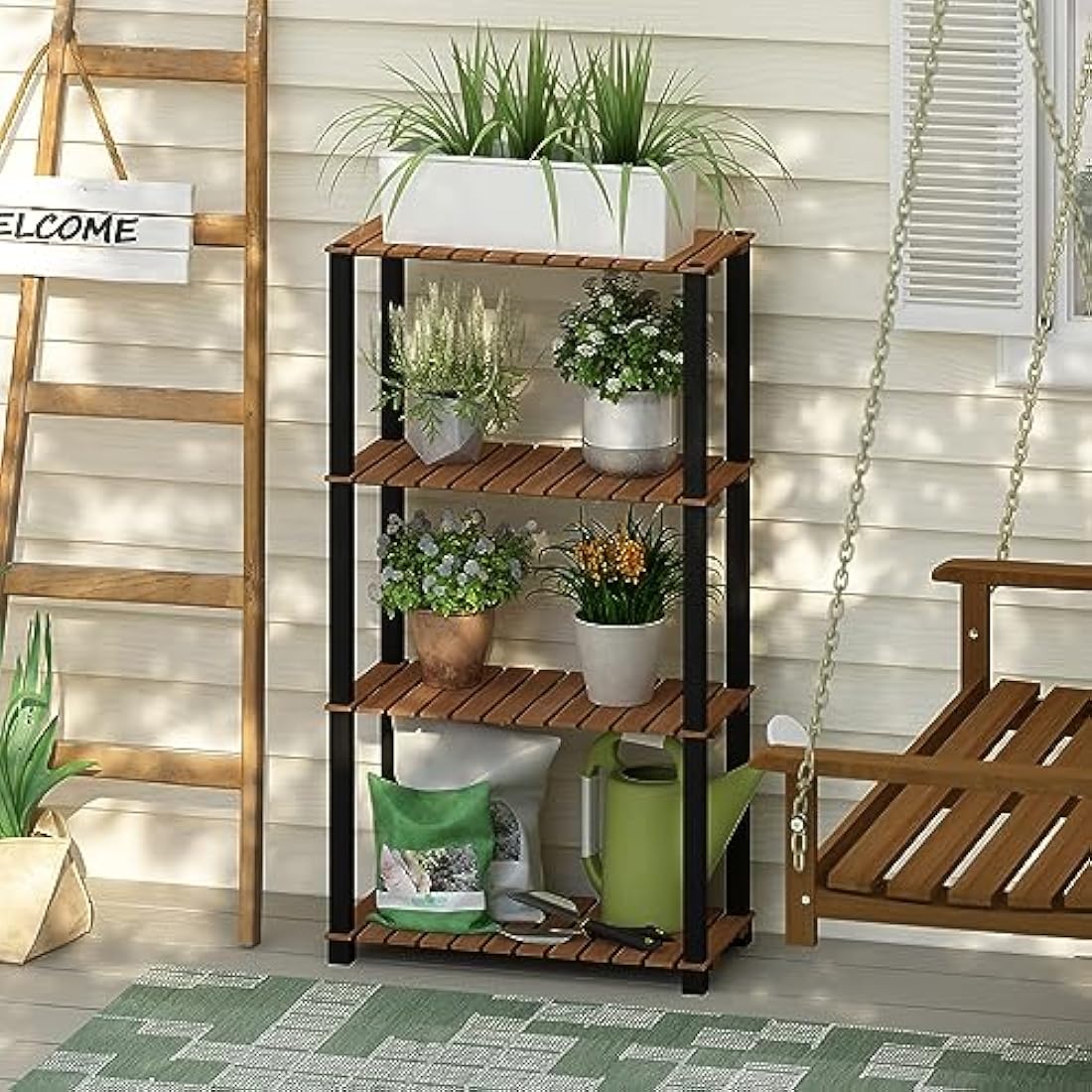 Furinno Pangkor 4-Tier Turn-N-Tube Indoor Outdoor Plant Shelf Wood Stand with Square Poles, Natural/Black