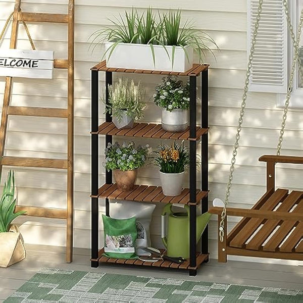 Furinno Pangkor 4-Tier Turn-N-Tube Indoor Outdoor Plant Shelf Wood Stand with Square Poles, Natural/Black