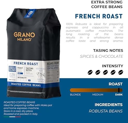 Grano Milano Robusta Coffee Beans, 1kg French Roast Robusta Blend, Dark Roast, Intensity 5/5 Extra Strong Coffee, Made in Italy