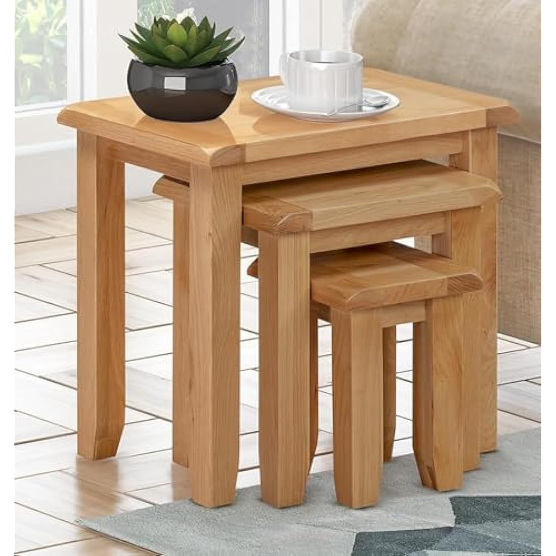 Hallowood Furniture Monchique Nest of Tables Set of 3, Multifunctional Wooden Nesting Side, Coffee Table for Small Spaces, Solid Oak Living Room Furniture, Fully Assembled