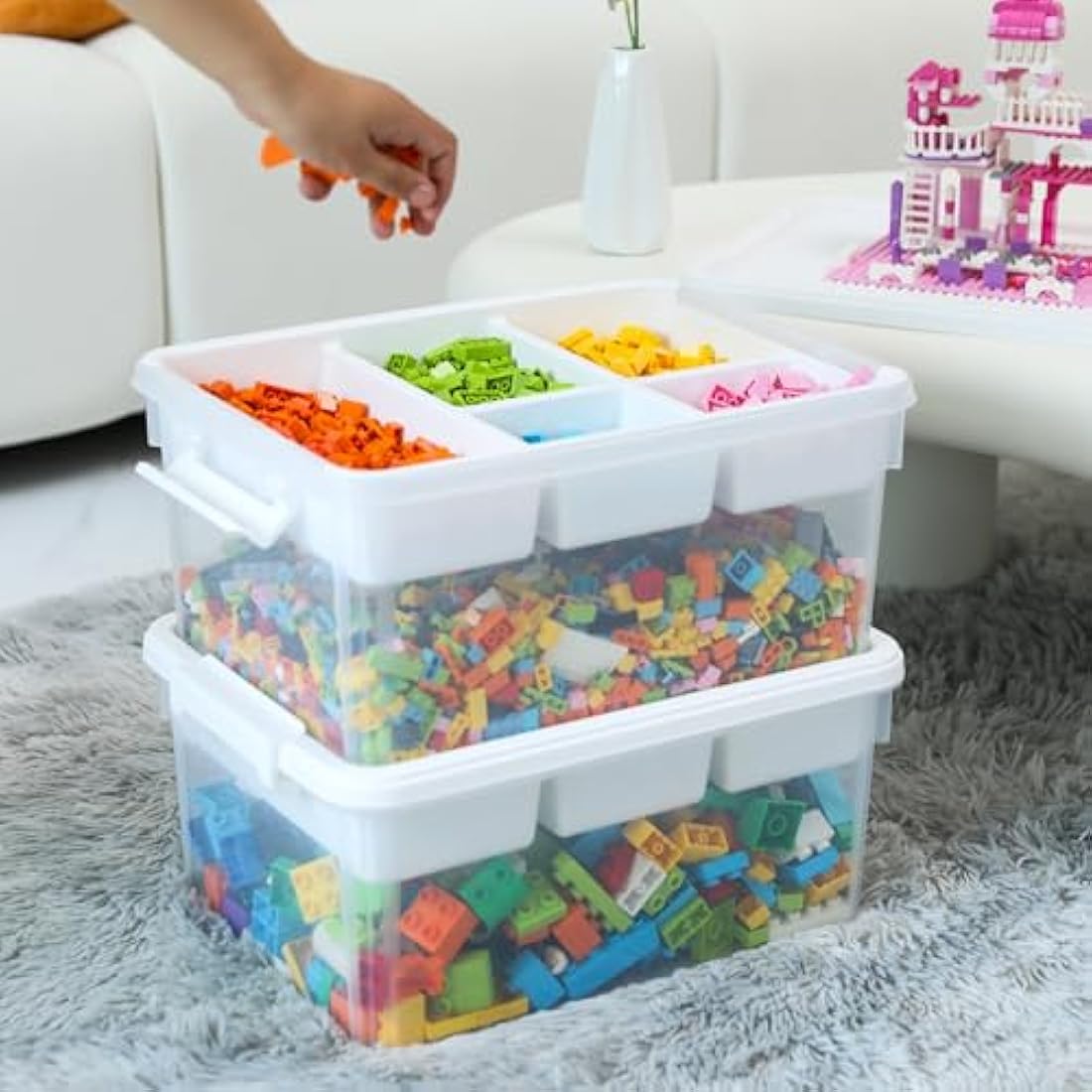 Citylife 16L Storage Boxes with Lids, Plastic Craft storage Box, Removable Tray, Latch Handle, Stackable Storage Box with Compartments for Toy, Tool, Sewing