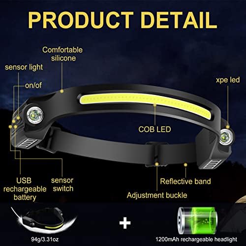 Head Torch Headlamp 2 Packs 6 Modes Motion Sensor Headlight 260 Degree Widen View Rechargeable LED Headtorch IPX4 Waterproof Hands-Free Flashlight gift for Adults Kids Camping,Running,Fishing,Cycling