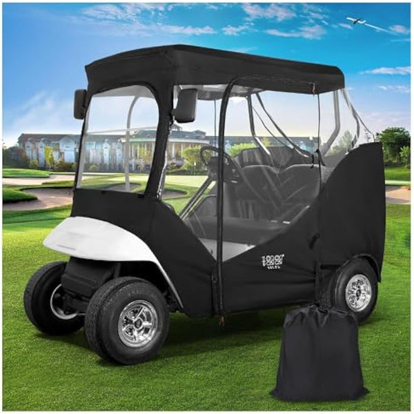 10L0L Golf Cart Enclosure Fit for 2 Passengers EZGO TXT RXV,600D Waterproof Snowproof Golf Buggy Keep Warm Cover, 2 Door Zippers 4-Side Clear Window and 4 Windproof Hooks Golf Cart Rain Cover, Black
