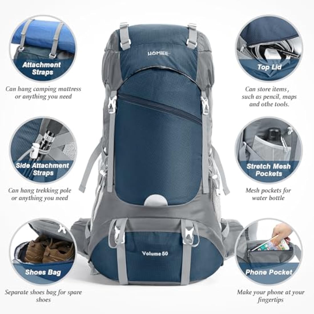 HOMIEE 50L Waterproof Hiking Backpack for Men Women, Lightweight Trekking Backpack with Rain Cover, Large Camping Rucksack for Outdoor Sports Travel Hiking Cycling Climbing Mountaineering