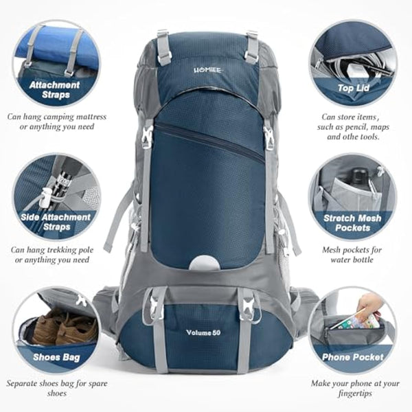 HOMIEE 50L Waterproof Hiking Backpack for Men Women, Lightweight Trekking Backpack with Rain Cover, Large Camping Rucksack for Outdoor Sports Travel Hiking Cycling Climbing Mountaineering