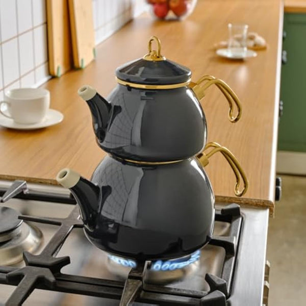 Karaca Retro Enamel Tank Anthracite, 1.1L Maker, 2.3L Kettle, Induction Safe, Modern Family Style, Ideal for Beverage Lovers