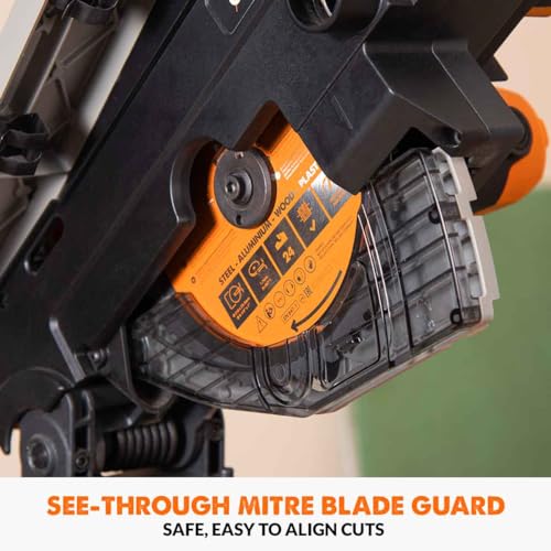 Evolution Power Tools R210CMS Compound Miter Saw Multi-Material Cutting TCT Blade Included Cuts Wood Metal Plastic & More, 45° - 45° Degree Miter & 45˚ Degree Bevel Angles, 1200W, 210mm