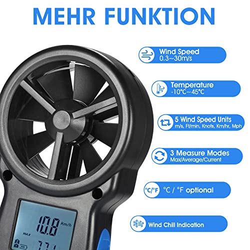 Digital Wind Speed Anemometer Handheld, Kethvoz Windspeed Gauge with Wind Chill Sensor to Measure Air Flow Velocity Temp w/MAX/MIN/AVG, for Drone Fly Climbing Windsurfing Sailing HVAC KE-866B