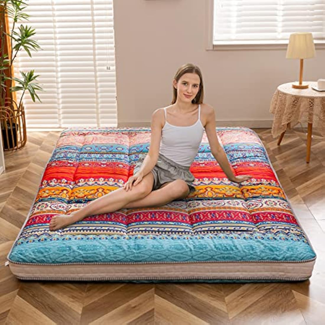 MAXYOYO Bohemian Retro Floor Mattress Vintage Floral Japanese Futon Mattress Roll Up Thicken Sleeping Bed Portable Camping Mattress Floor Lounger Couch Bed Mattress Pad (Thick-Bohemian A, King)