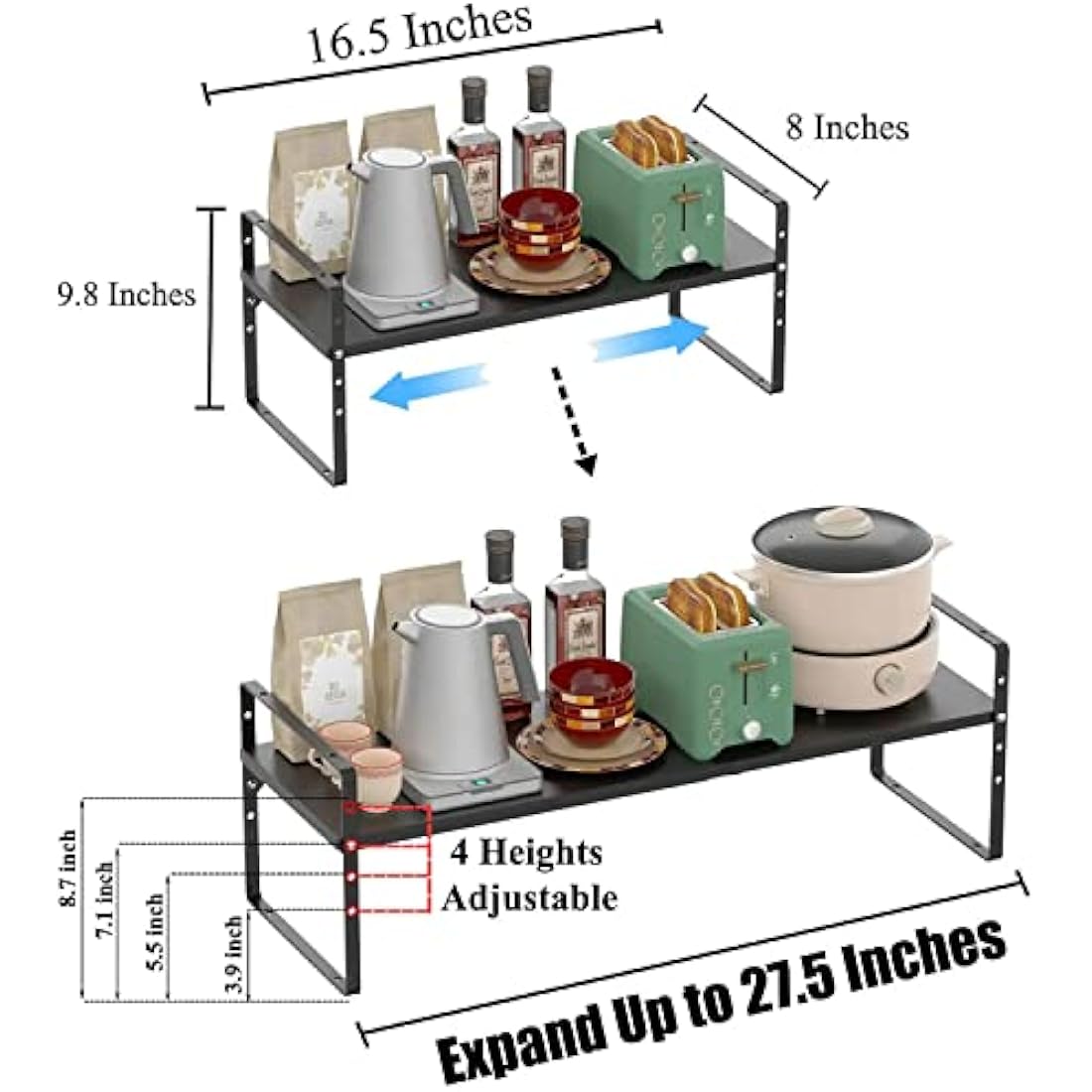 ARCCI Expandable Kitchen Cabinet Shelf Organizers, Stackable Metal Pantry Storage Shelves Rack, Adjustable Counter Spice Shelf for Cabinets, Countertop, Cupboard Organizers and Storage, Black