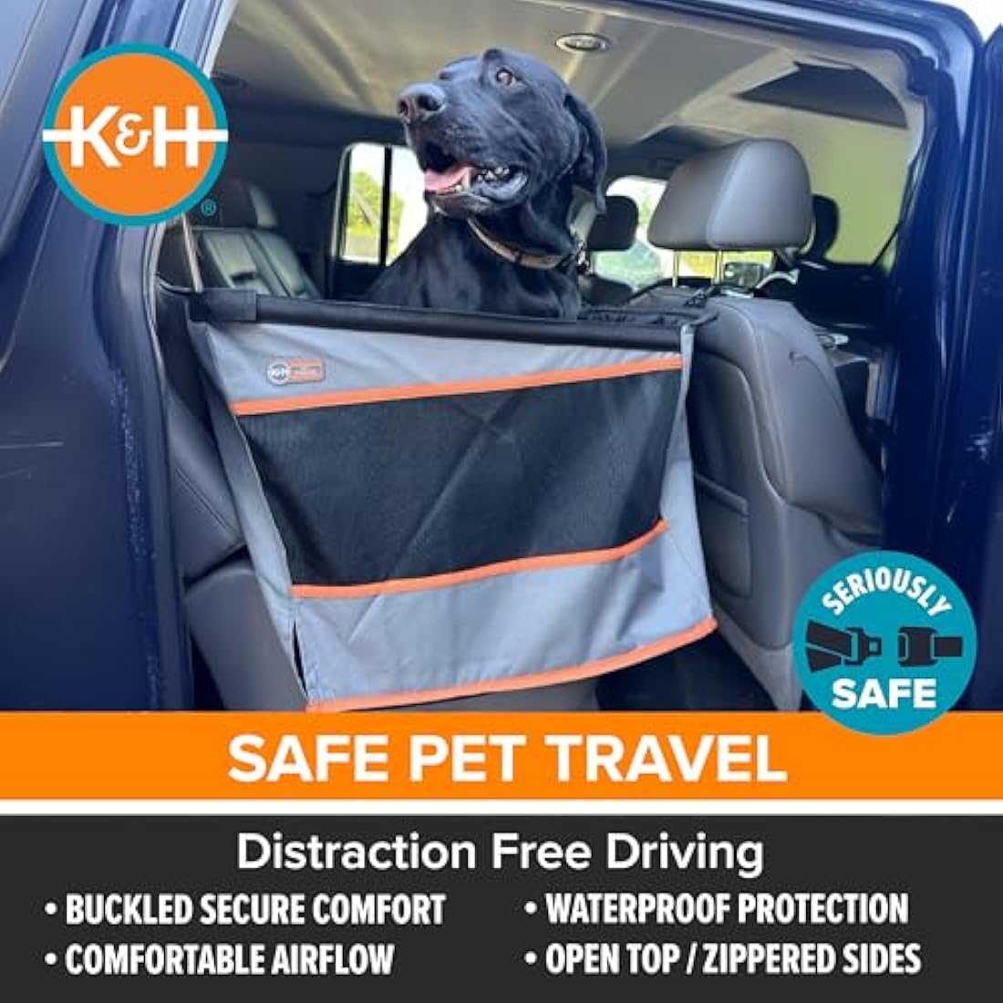 K&H Pet Products Buckle N' Go Dog Car Seat for Large Dogs, Waterproof Fabric with Breathable Mesh & Adjustable Dog Seat Belt for Car, Dog Hammock for Car, Dog Carrier Dog Car Seat Cover - Gray MD/LG
