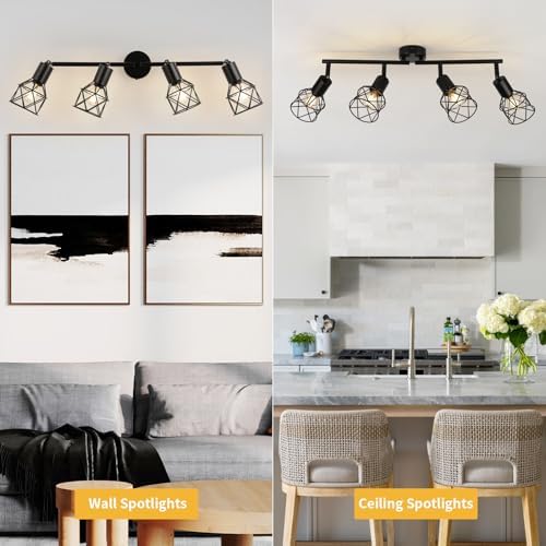 FORCOSO Ceiling Lights Spotlight, 4 Way Spot Lights 350°Adjustable, E14 Base Black Light Shade Metal Wire Cage Light Fittings, Industrial Wall Ceiling Lamp for Kitchen Living Room Hallway Bedroom