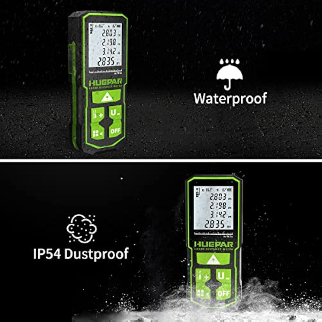 Laser Measure Device, Huepar 60M-120M Laser Distance Meter Digital Measure Tool Range Finder with Bubble Level and Large LCD Backlit and Waterproof IP54, Battery Included