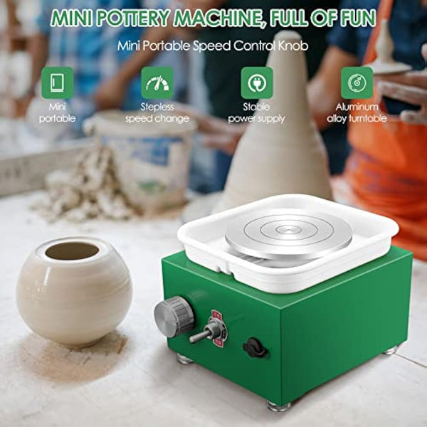 Mini Pottery Wheel 2000RPM Electric Pottery Wheel with Removable ABS Basin and 6.5cm-10cm Turntable Fingertip Clay Wheel Adjustable Speed Clay Tool Machine for Art Craft Gift (Green)