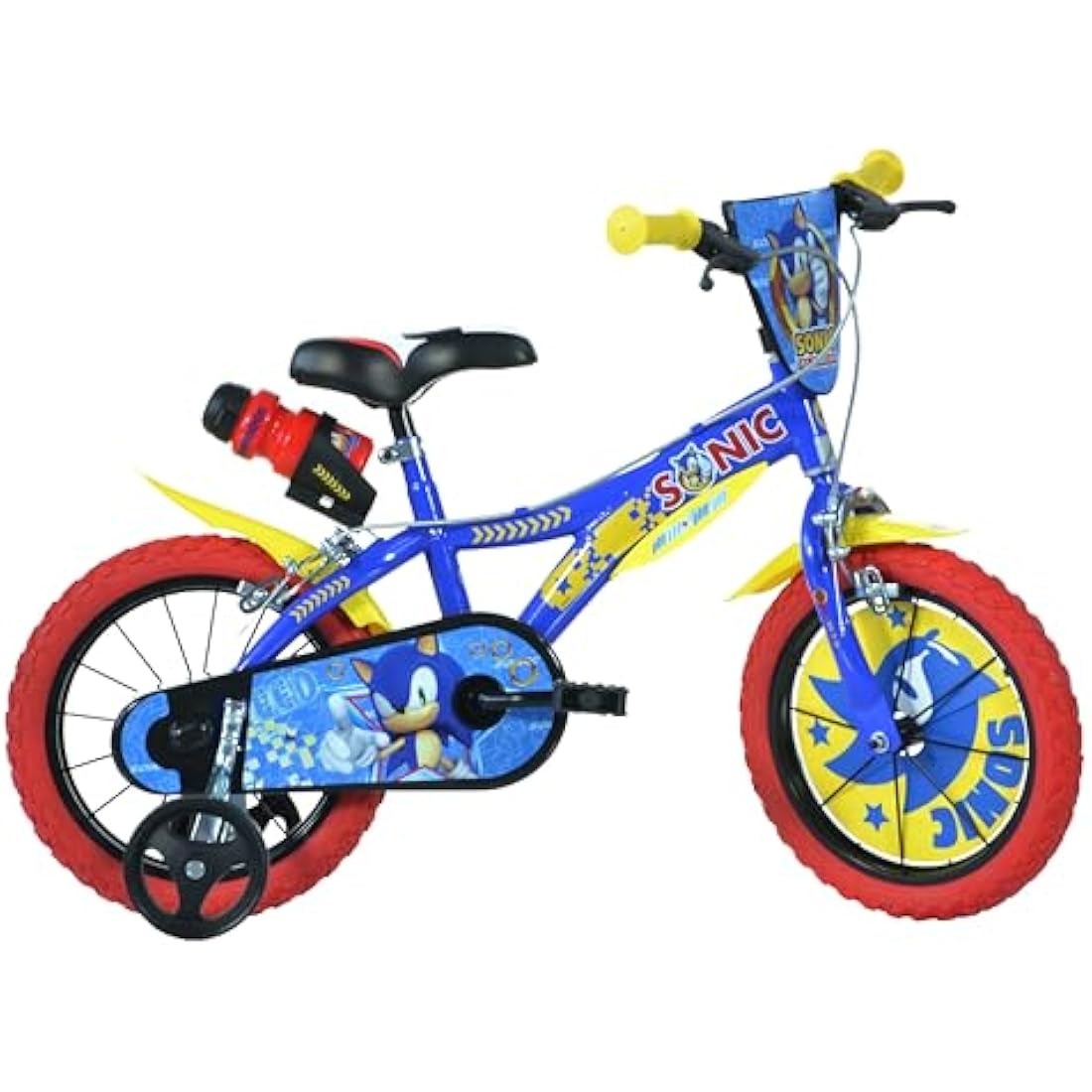Dino Bikes, 614-SC Kids Bike Bicycle, Sonic The Hedgehog, 14 inch with training wheel with stabilisers and drinks bottle, suits child 4-7 Years, Blue, Yellow, Red
