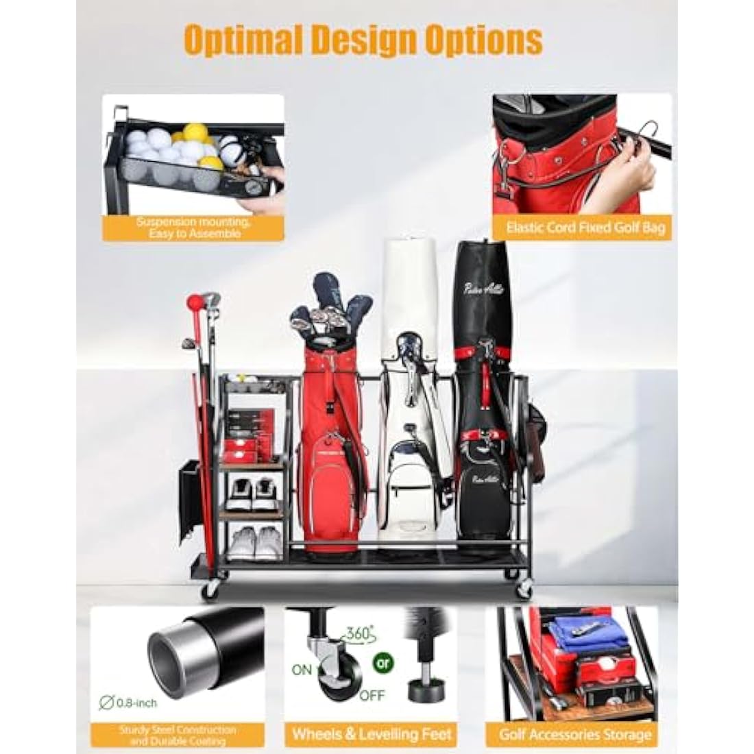 EXTCCT Golf Bags Storage Organizer- Golf Bag Stand for Golf Equipment Accessories, Golf Bag Storage Rack with Wheels, Golf Club, Golf Gear Organisers