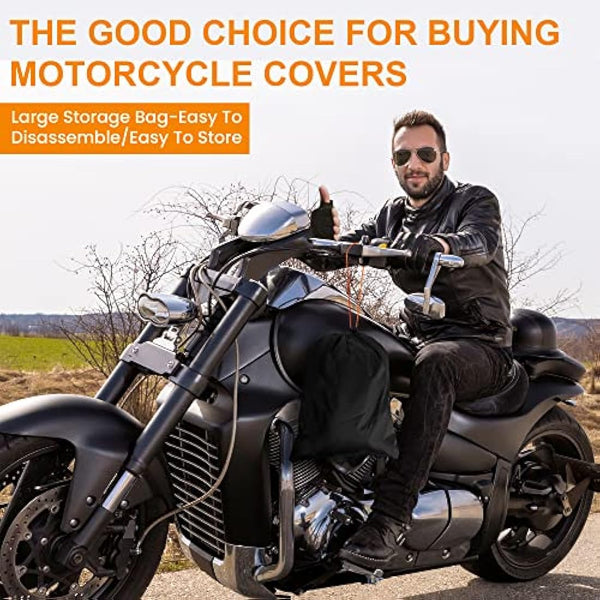 Motorcycle Cover Heavy Duty, 420D Universal Motorbike Covers, Sun,Waterproof Outdoor Protection,with License Plate Window, 4 Reflective Strips, Lock-Holes Storage Bag(L 86" x 37" x 43")