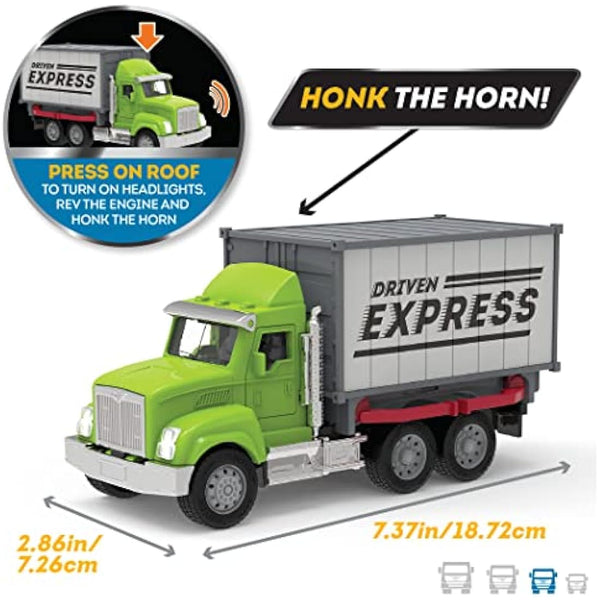 Driven by Battat – 7-Inch Container Truck Toy with Lights & Sounds, Movable Parts, Utility Vehicle for Boys & Girls, Durable Design, Realistic Details, 3+ Years Toy for Kids