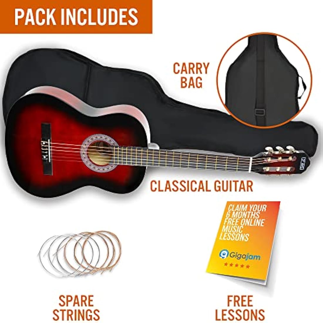 3rd Avenue 3/4 Size Kids Classical Guitar Spanish Nylon String Beginner Pack Bundle - 6 Months FREE Lessons, Bag, Strings – Red