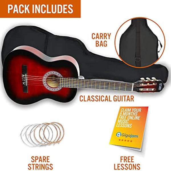 3rd Avenue 3/4 Size Kids Classical Guitar Spanish Nylon String Beginner Pack Bundle - 6 Months FREE Lessons, Bag, Strings – Red