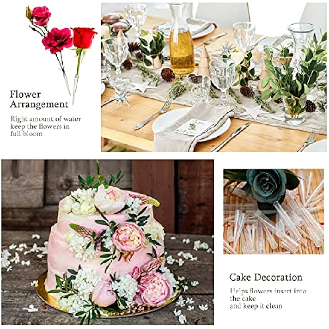 60 Pcs Plastic Flower Tubes - 3 Sizes (S, M, L) Flower Arranging Spikes for Cake Decorating