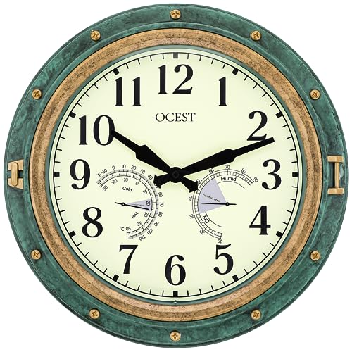 OCEST 16 Inch Garden Clocks Outdoor Waterproof, Large Thermometer, Hygrometer, Retro Design, Non-Ticking Battery Operated Decor for Home Decor Patio