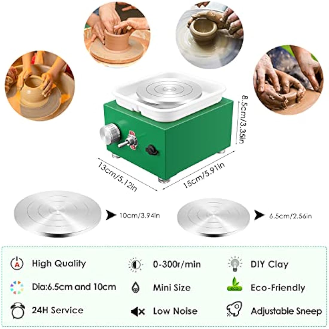 Mini Pottery Wheel 2000RPM Electric Pottery Wheel with Removable ABS Basin and 6.5cm-10cm Turntable Fingertip Clay Wheel Adjustable Speed Clay Tool Machine for Art Craft Gift (Green)