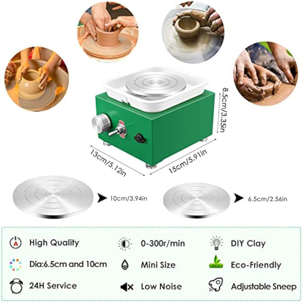 Mini Pottery Wheel 2000RPM Electric Pottery Wheel with Removable ABS Basin and 6.5cm-10cm Turntable Fingertip Clay Wheel Adjustable Speed Clay Tool Machine for Art Craft Gift (Green)