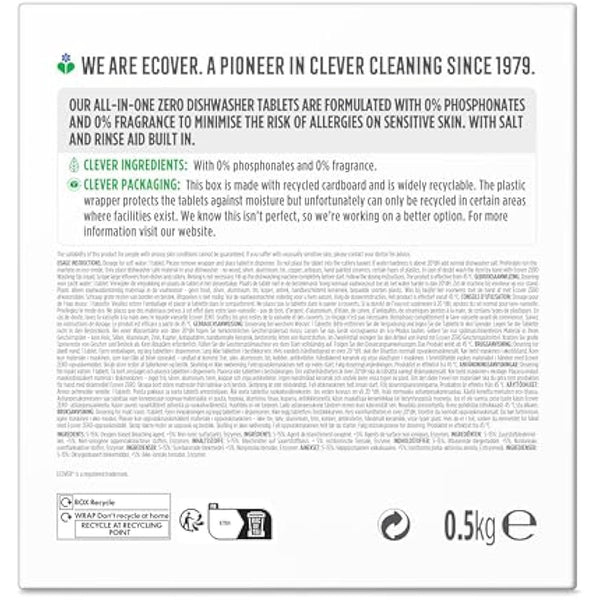 Ecover Zero Dishwasher Tablets, Contains Salt & Rinse Aid, Powerful Cleaning, Pack of 1, 25 Tablets