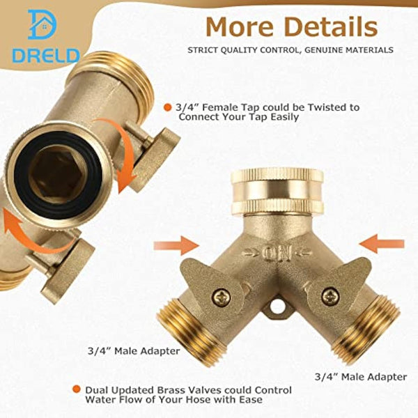 DRELD 3/4" Tap Y Splitter, Brass Tap Manifold 2 Way Garden Hose Connector Adapter with Valves and Rubbers for Outdoor, Garden, Courtyard, Lawn, Kitchen, Bathroom Standard Faucet (3/4 Y Tap)