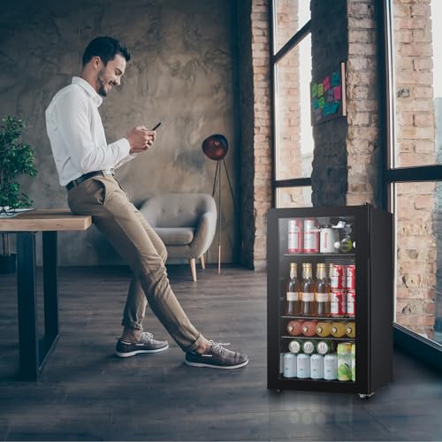 COMFEE' RCZ99BG2(E) Under Counter Beer & Drinks Fridge-93L Capacity,Holds up to 115 Cans, Premium Temperature Performance (2℃ to 15℃), Full Length Low-E Glass, Removable Shelves, LED Light, Low Noise