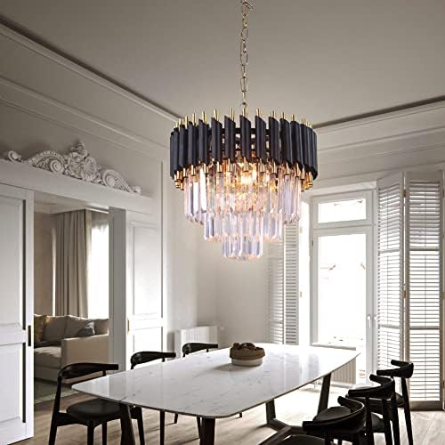 FRIXCHUR Modern Crystal Chandeliers 3-Tier Crystal Chandelier Light 15.7'' Black and Gold Pendant Light Fixtures for Living Room Kitchen Island Foyer E14x5 Bulb（Not Includ Bulb）…